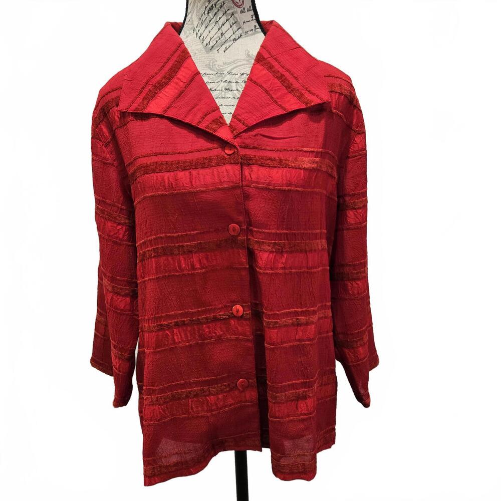 Coldwater Creek Sheer Burgundy & Red Art-to-Wear Striped Overshirt Petite Large
